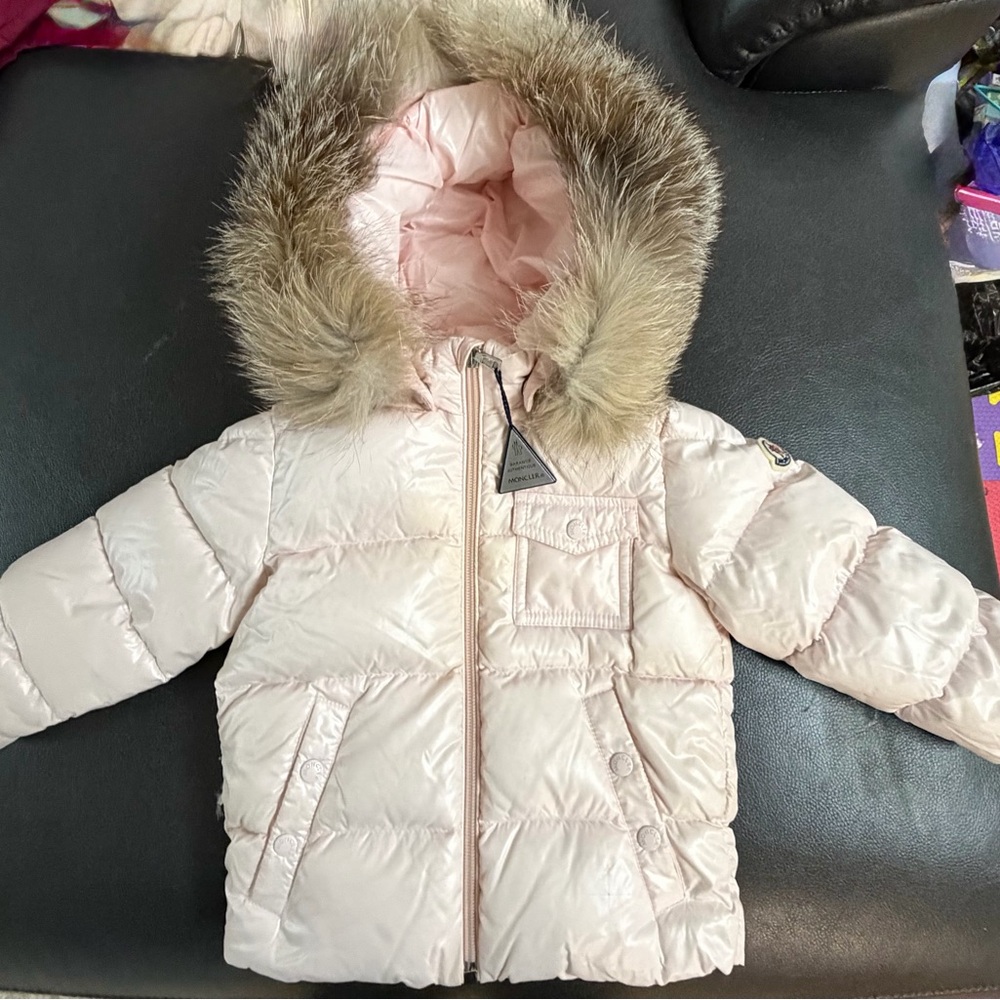 Moncler Light Pink Puffer Jacket with Faux Fur Hood